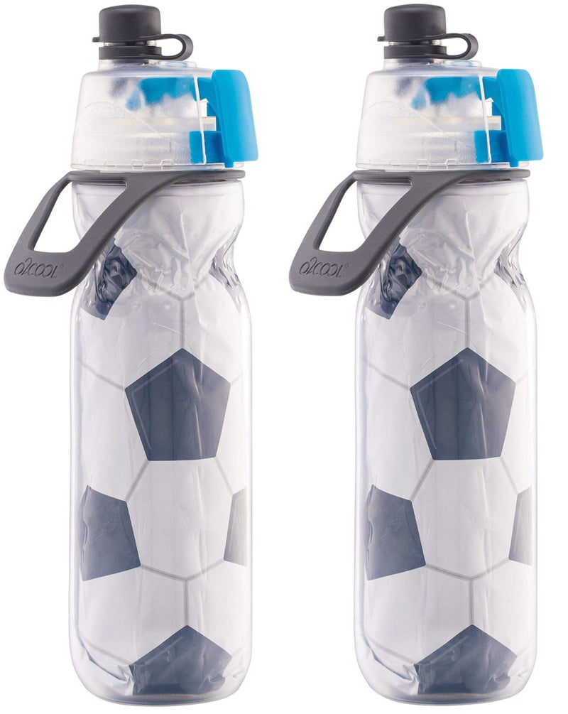 O2COOL Mist 'N Sip Misting Water Bottle 2-in-1 Mist And Sip Function With No Leak Pull Top Spout Reusable Sports Water Bottle - 20 oz (2 Pack Soccer) - Image 1